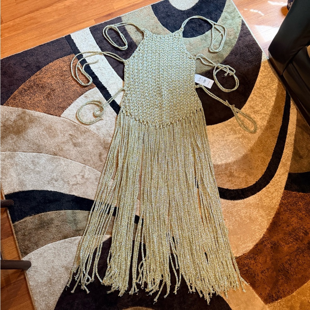 AKIRA Sage Green Crochet Fringe Maxi back out top